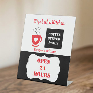 Rode en zwarte koffie geserveerd dagelijks 24 uur reclamebord met voetstuk