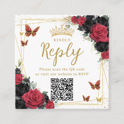 Rode en zwarte vlinders Quinceanera RSVP QR-code Informatiekaartje (Voorkant)