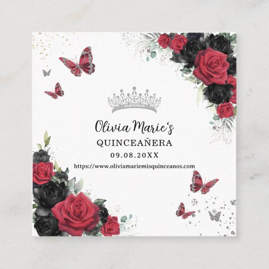 Rode en zwarte vlinders Quinceanera RSVP QR-code Informatiekaartje (Achterkant)