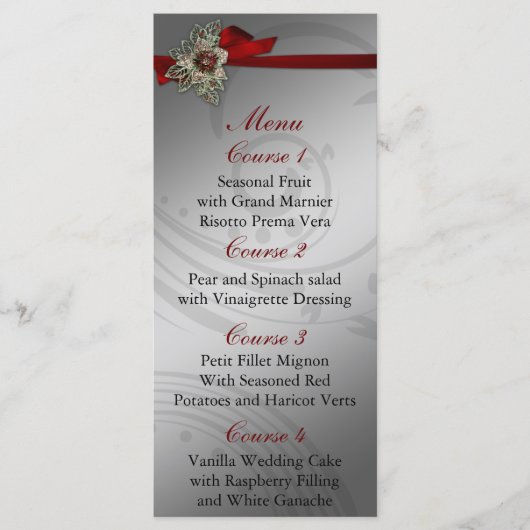 Rode FAUX ribbon  broch Wedding Menu (Voorkant)