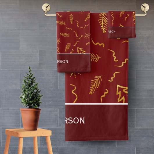 Rode feestdag met gouden kerstbomen bad handdoek