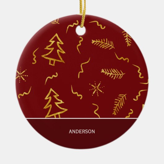 Rode feestdag met gouden kerstbomen keramisch ornament (Voorkant)