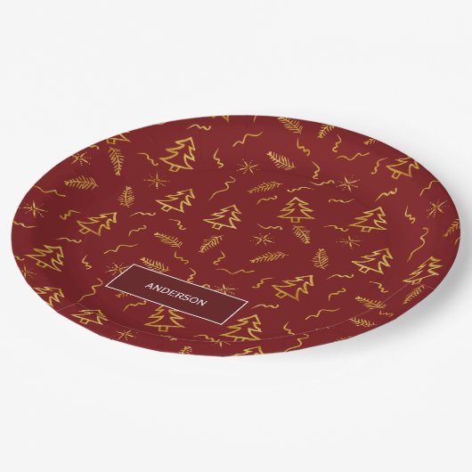 Rode feestdag met gouden kerstbomen papieren bordje (Gekanteld)