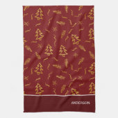 Rode feestdag met gouden kerstbomen theedoek (Verticaal)