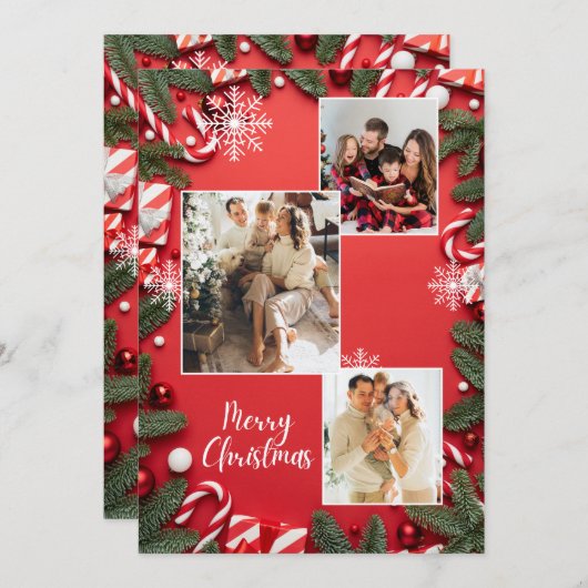 Rode feestelijke vrolijke kerstvakantie fotocollag kaart (Voorkant / Achterkant)