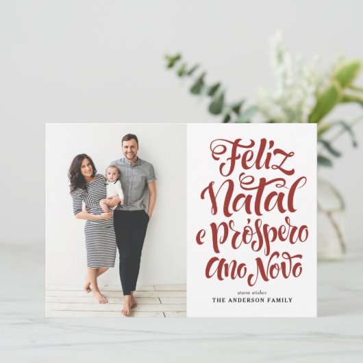 Rode Feliz Natal Kalligrafie Kerstfoto Feestdagenkaart (Staand voorkant)
