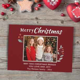 Rode Festive Prettig Kerstmis Familie Foto Feestdagenkaart