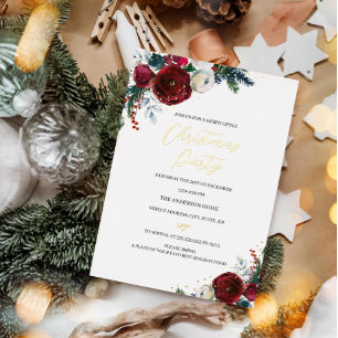 Rode Festive Waterverf Blad Christmas Feest Folie Uitnodiging