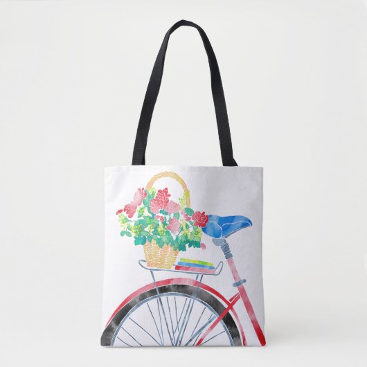 Rode fiets met bloemen mand draagtas (Voorkant)