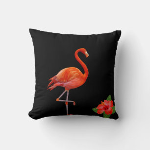 Rode Flamingo en Hibiscus op Zwarte Worp Kussen
