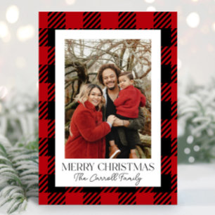 Rode Flanel Plaid Aangepaste Familie Foto Kerstmis Feestdagenkaart