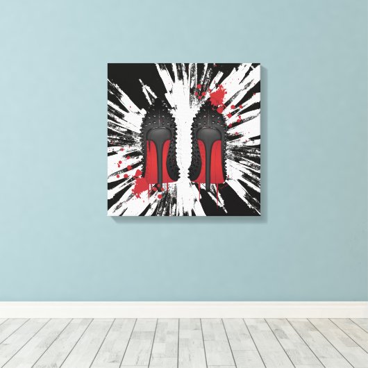Rode flessen Stilettos hakken spatters en druppelt Canvas Afdruk (Insitu (Houten vloer))