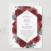 Rode Floral en zwarte bruiloft Kaart (Voorkant)