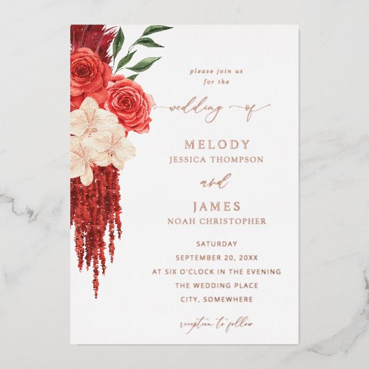 Rode Floral Folie Weddenschap Folie Uitnodiging (Voorkant)