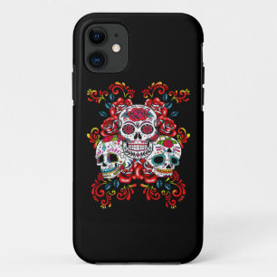 Rode Floral Triple Sugar Skull Day of the Dead iPhone 11 Hoesje
