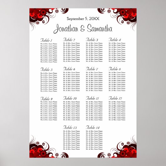 Rode Floral & White 14 Wedding Table Seating Chart Poster (Voorkant)