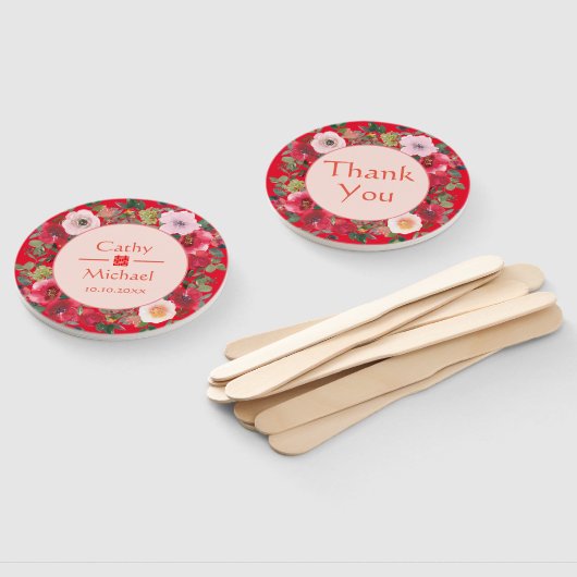 Rode florale Chinese bruiloft bedankt Handwaaier (Niet-gemonteerd)