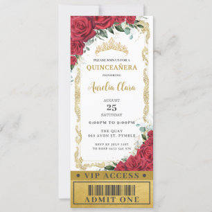 Rode Florale Rozen Quinceañera Sweet 16 VIP Ticket Kaart