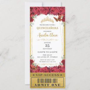 Rode Florale Rozen Quinceañera Sweet 16 VIP Ticket Kaart
