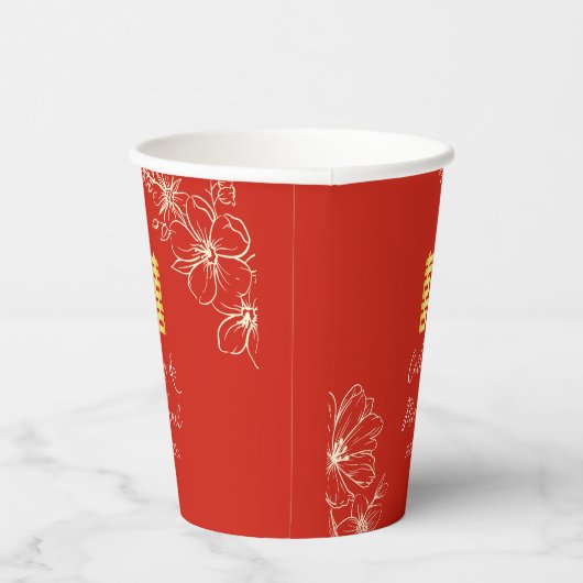 Rode florale script Chinese bruiloft ceremonie Papieren Bekers (Rechts)