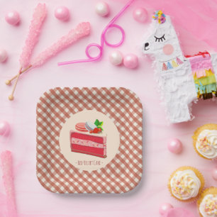 rode fluwelen cake met aardbei roomkaas papieren bordje