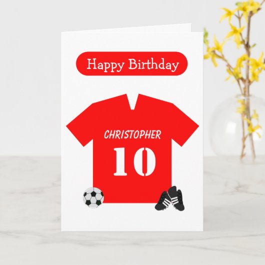 Rode Football Shirt Aangepast 10e verjaardag Kaart (Gele Bloem)