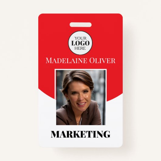 Rode Foto Logo en QR Code Naam Werknemer Badge (Voorkant)