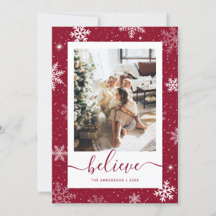 Rode foto Snowflake Believe Feestdagenkaart