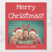 Rode Foto Vrolijk Kerstfeest met Naam in Leuk Lett Wijn Etiket (Enkel label)