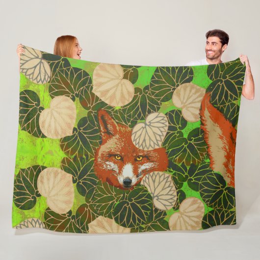 RODE FOX VAN DE GROENE LEAVES EN FOLIAGE FLEECE DEKEN (In situ)