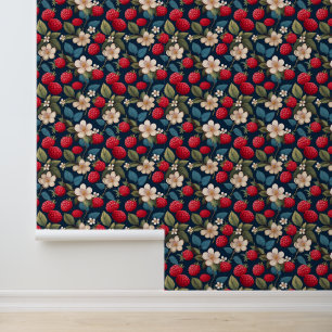 Rode frambozen Bloemen van Bloemfruit op Donkerbla Behang