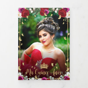 Rode Fuchsia Rozen Gouden Vlinders Quinceañera Drieluik Uitnodiging