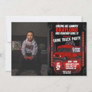 Rode Game Truck Verjaardagsfeest Foto Uitnodiging