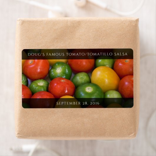 Rode geel tomaten en groene tomatillos etiket (Insitu)