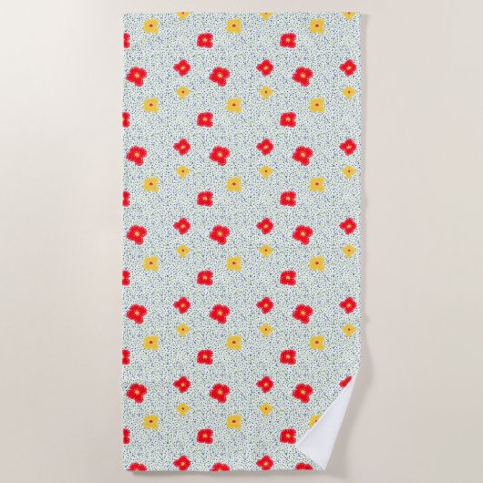 Rode gele bloemen groene blauwe cirkel polka dot strandlaken (Voorkant)