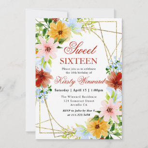 Rode, Gele en Blauwe Bloemen Omlijsten Sweet 16 Kaart