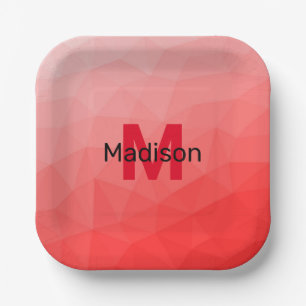 Rode geometrische meshpatroon met verloop Monogram Papieren Bordje