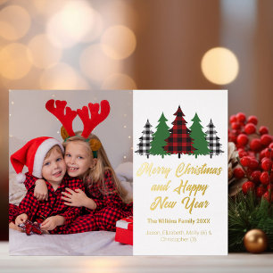 Rode geplakte kerstbomen Familie Foto Goud Folie Feestdagen Briefkaart