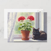 Rode Geranium en Zwarte Kat Briefkaart (Voorkant / Achterkant)