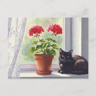 Rode Geranium en Zwarte Kat Briefkaart