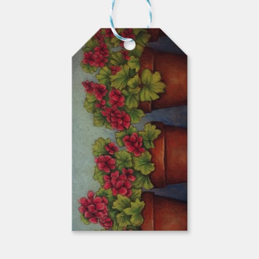 Rode Geraniums in kleipotten Cadeaulabel (Voorkant)
