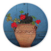 RODE GERANIUMS, TERRA COTTA POT, BLUE DEUR KERAMISCHE KNOP (Voorkant)