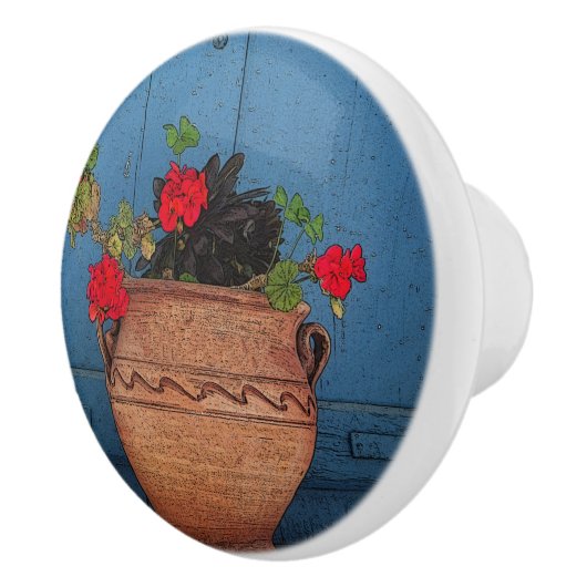 RODE GERANIUMS, TERRA COTTA POT, BLUE DEUR KERAMISCHE KNOP (Rechts)