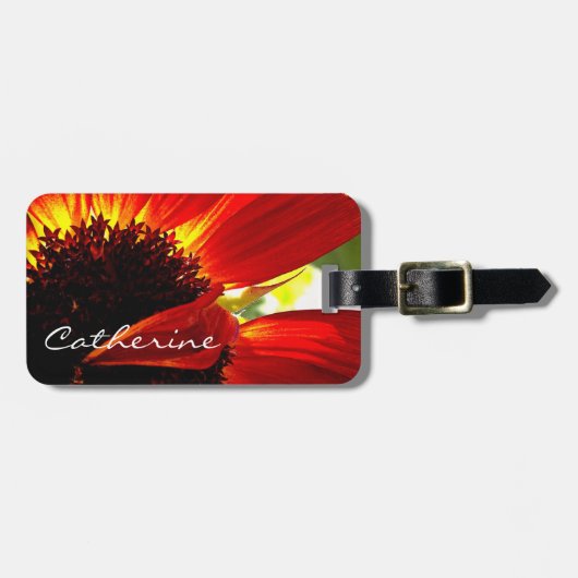 Rode gerbera daisy foto aangepaste naam script mod bagagelabel (Voorkant horizontaal)