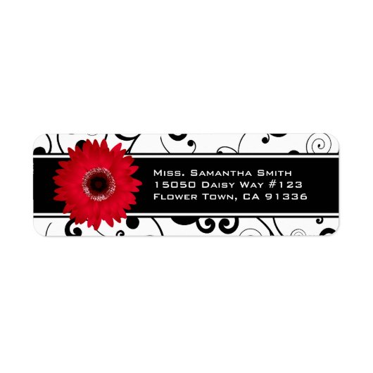 Rode Gerbera Daisy Zwart & Wit Scroll Etiket (Voorkant)