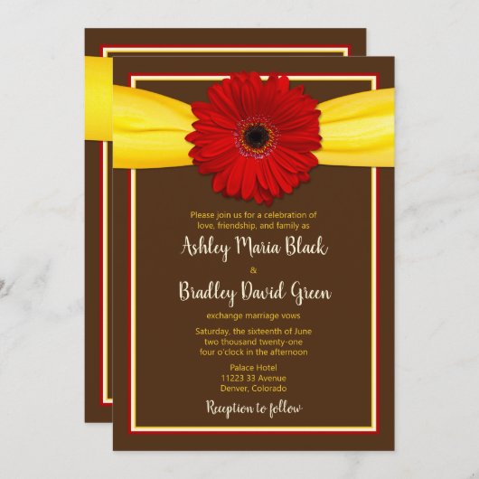 Rode Gerbera met gele lintuitnodiging Kaart (Voorkant / Achterkant)