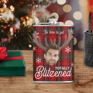 Rode geruite Blitzened Kerstmis Humor Drinkfles Heupfles