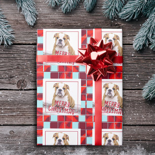 Rode geruite Bulldog-hond Foto Prettig kerstfeest Cadeaupapier