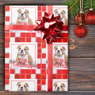 Rode geruite Bulldog Hond Foto Prettig Kerstfeest Cadeaupapier
