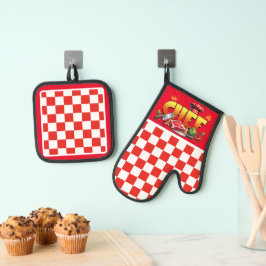 Rode geruite chef ovenwant & pannenlap set